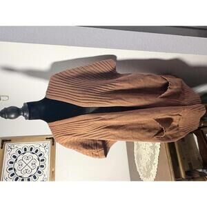 Brown Ribbed Knit Open Front Cardigan with Pockets
